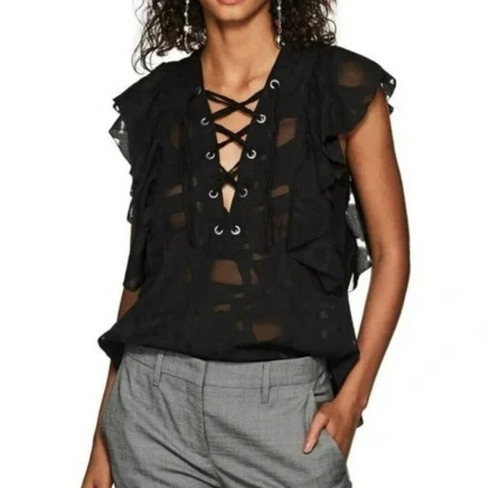 IRO Black Lace-Up Ruffle Blouse